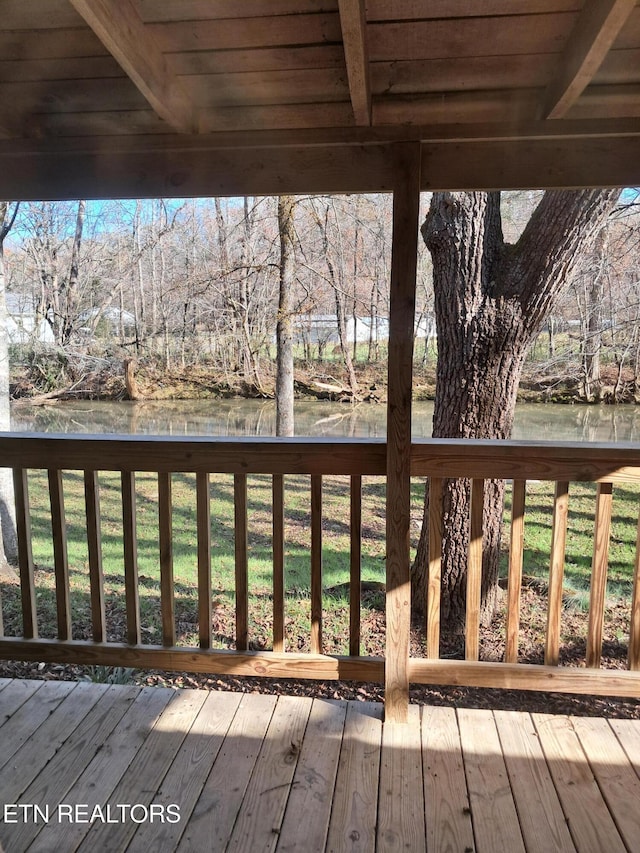 3018 Rivers Edge Dr, Cosby, TN 37722 - wooden terrace featuring a water view and a lawn