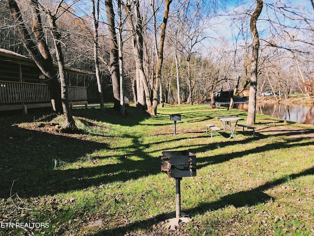 view of home's community with a yard and a water view