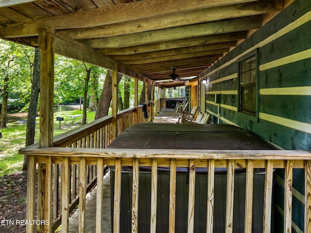 3018 Rivers Edge Dr, Cosby, TN 37722 - wooden terrace with ceiling fan