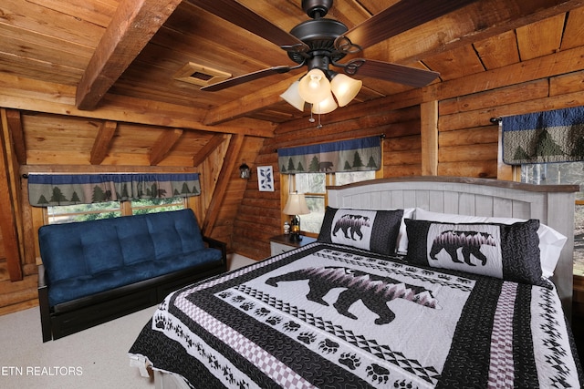 bedroom with log walls, beam ceiling, ceiling fan, and wood ceiling