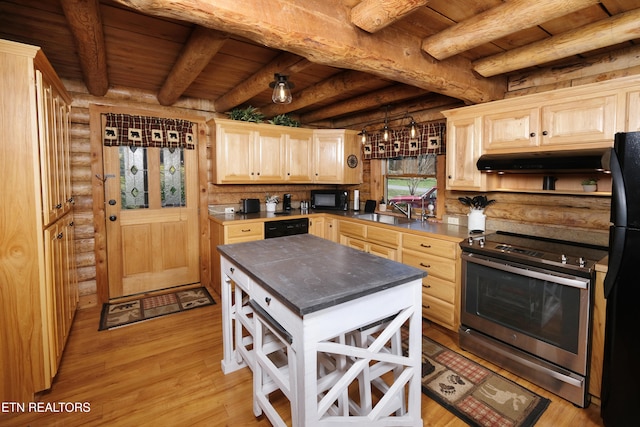 kitchen featuring beam ceiling, light brown cabinets, sink, light hardwood / wood-style flooring, and black appliances