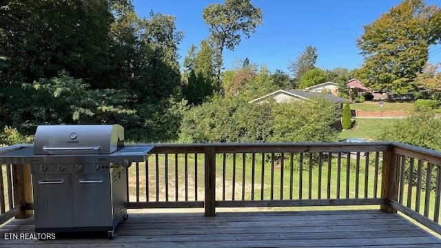 wooden terrace with grilling area and a lawn