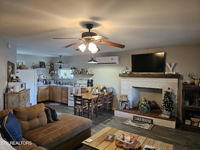 living room with a brick fireplace, dark hardwood / wood-style floors, ceiling fan, and a wall mounted AC