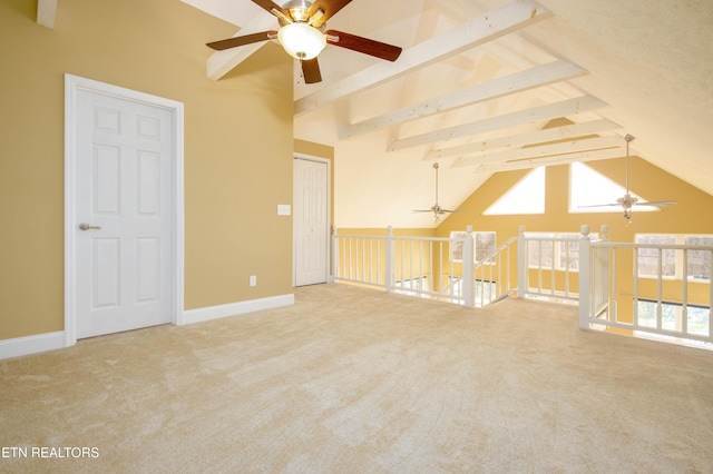 bonus room with beamed ceiling, carpet, high vaulted ceiling, and ceiling fan