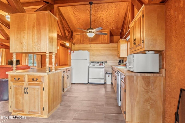 kitchen with white appliances, wooden ceiling, wooden walls, vaulted ceiling with beams, and ceiling fan