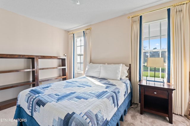 bedroom with light colored carpet