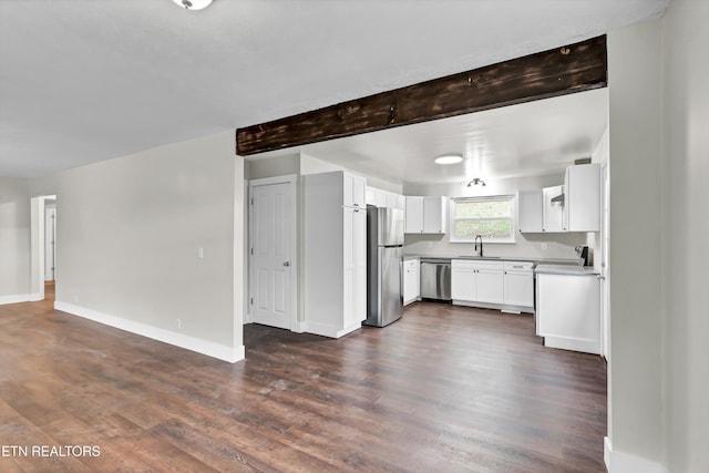 kitchen with white cabinets, appliances with stainless steel finishes, dark hardwood / wood-style floors, and sink