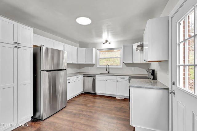 kitchen featuring dark hardwood / wood-style floors, white cabinetry, sink, and appliances with stainless steel finishes