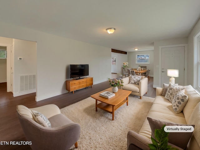 living room with dark hardwood / wood-style floors