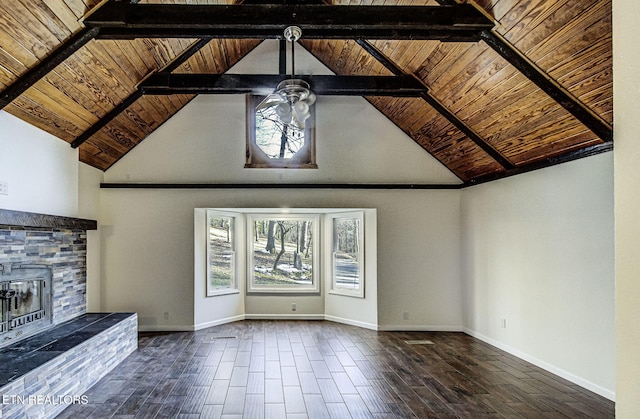 unfurnished living room with beam ceiling, wood ceiling, a stone fireplace, and high vaulted ceiling