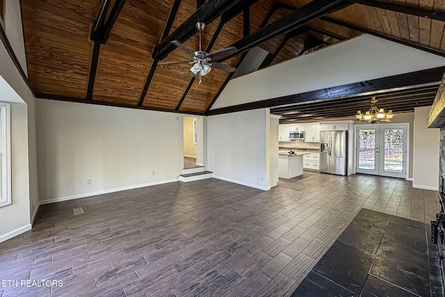 unfurnished living room with french doors, wood ceiling, high vaulted ceiling, beam ceiling, and ceiling fan with notable chandelier