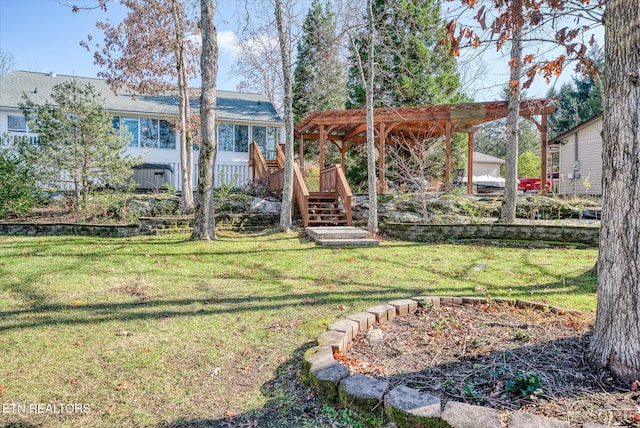 view of yard featuring a pergola and a wooden deck