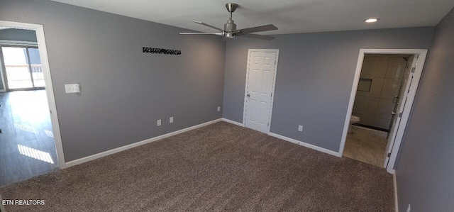 unfurnished bedroom featuring ceiling fan, connected bathroom, and carpet flooring