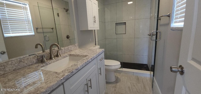 bathroom with vanity, a wealth of natural light, a shower with door, and toilet