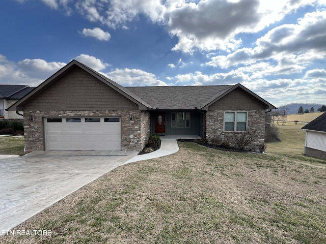 single story home with a garage and a front yard