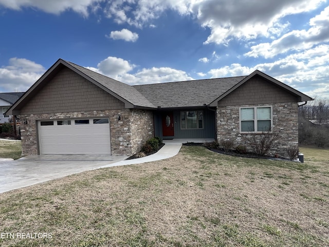 single story home featuring a garage and a front yard