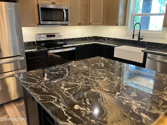 kitchen with hardwood / wood-style flooring, sink, appliances with stainless steel finishes, and dark stone counters