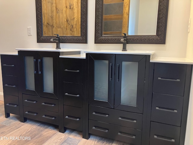 interior details with hardwood / wood-style flooring and vanity