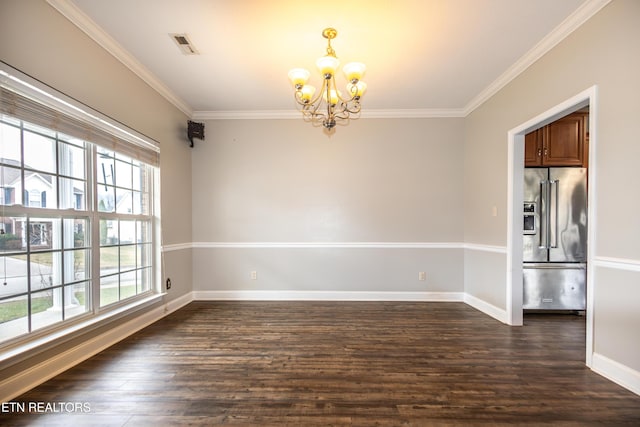 unfurnished dining area featuring ornamental molding, dark wood-type flooring, and an inviting chandelier