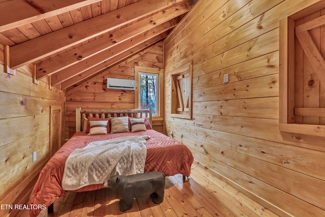 bedroom with wooden ceiling, wooden walls, vaulted ceiling with beams, wood-type flooring, and a wall unit AC