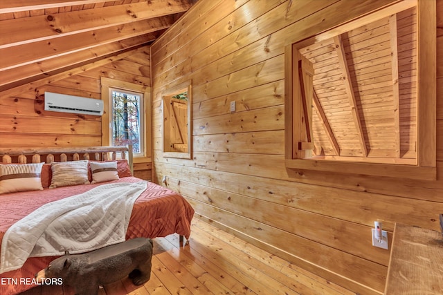 bedroom featuring wooden walls, hardwood / wood-style flooring, vaulted ceiling with beams, wood ceiling, and a wall unit AC