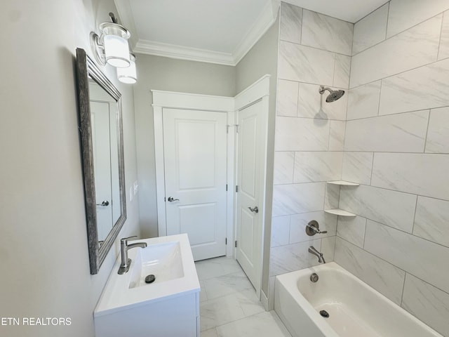 full bath featuring shower / bathtub combination, marble finish floor, vanity, and crown molding