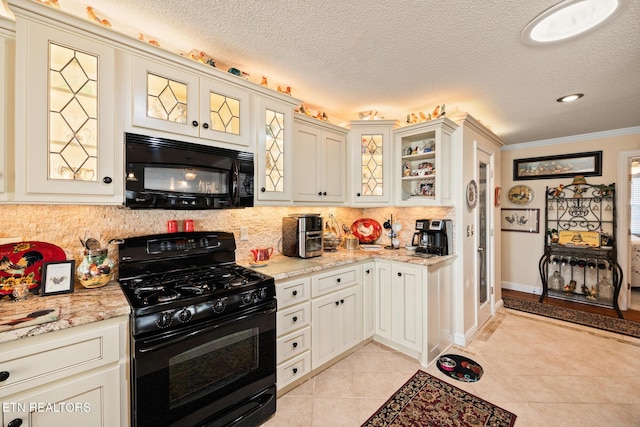 kitchen featuring black appliances, white cabinets, crown molding, light tile patterned floors, and a textured ceiling