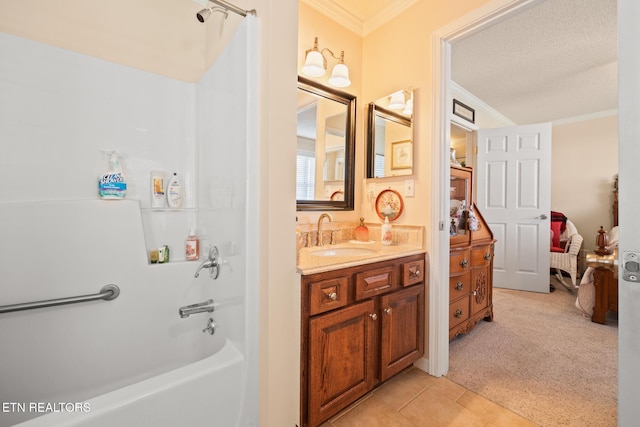 bathroom with vanity,  shower combination, crown molding, tile patterned flooring, and a textured ceiling