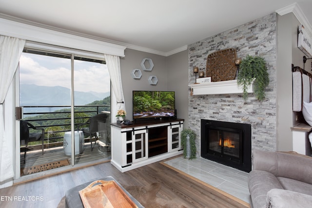 living room with hardwood / wood-style flooring, a fireplace, and crown molding