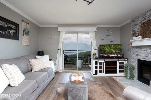 living room with a fireplace, crown molding, and light hardwood / wood-style flooring