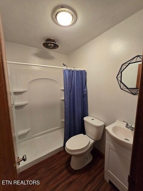 bathroom featuring toilet, vanity, a shower with shower curtain, and wood finished floors