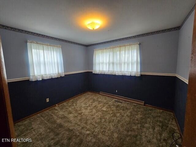 carpeted empty room with a baseboard radiator and plenty of natural light