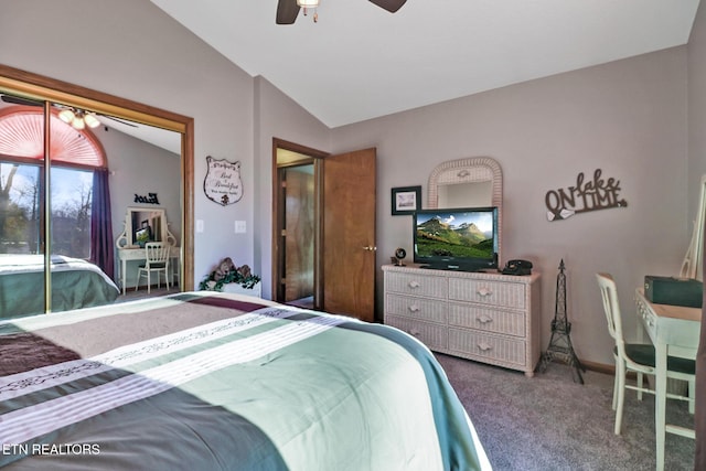 bedroom featuring ceiling fan, carpet floors, and vaulted ceiling