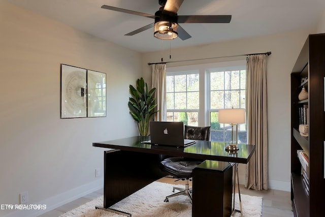 office area featuring ceiling fan and light hardwood / wood-style flooring