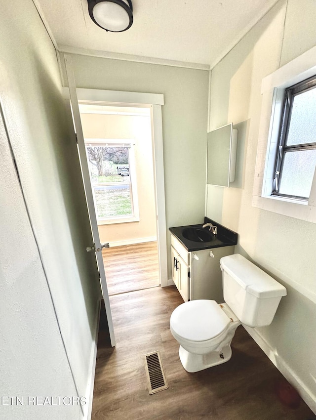 bathroom featuring hardwood / wood-style floors, vanity, toilet, and a healthy amount of sunlight