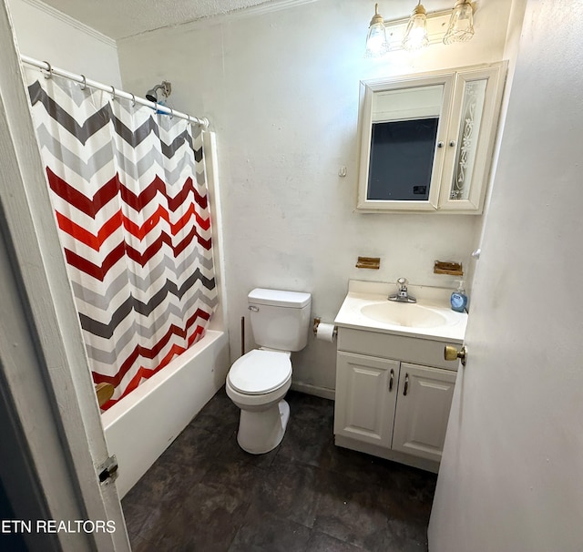 full bathroom featuring vanity, toilet, and shower / bathtub combination with curtain