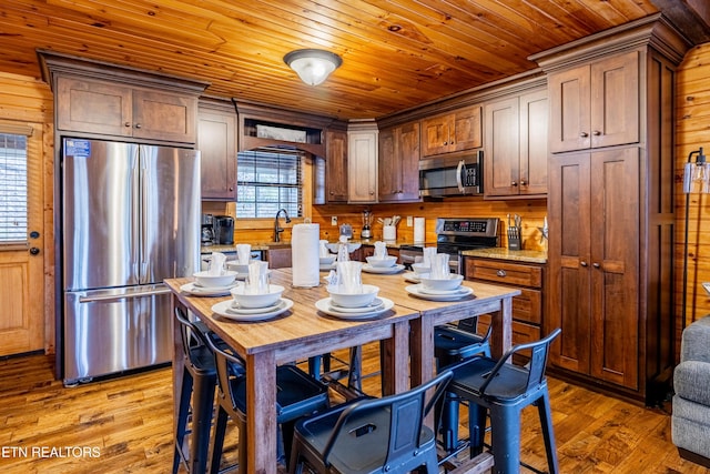 kitchen featuring stainless steel appliances, wood ceiling, light hardwood / wood-style floors, and wood walls