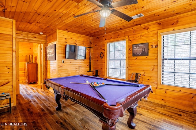 game room with wood-type flooring, wood walls, and billiards