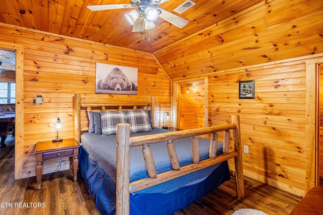 bedroom with dark hardwood / wood-style flooring, ceiling fan, wooden ceiling, lofted ceiling, and wood walls