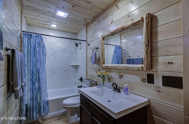 full bathroom with wood ceiling, shower / bathtub combination with curtain, vanity, toilet, and wood walls