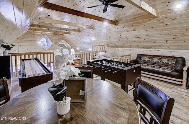 dining room with ceiling fan, vaulted ceiling with beams, wood ceiling, and wooden walls