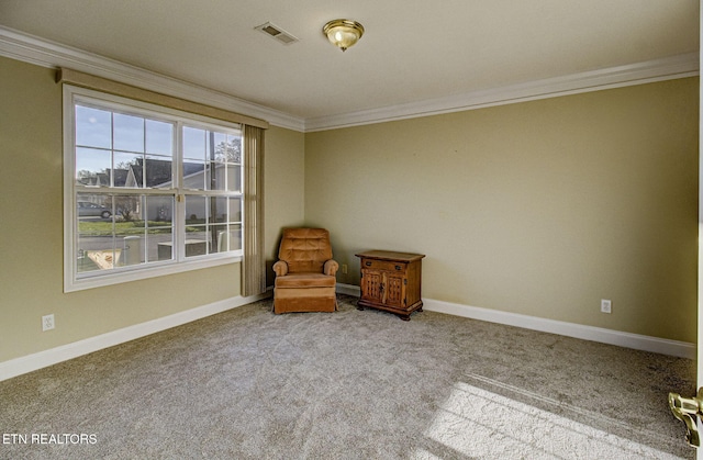 unfurnished room with light colored carpet and ornamental molding