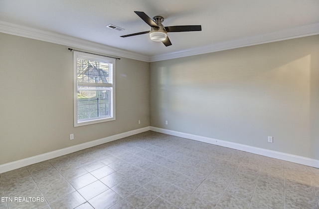 unfurnished room featuring crown molding, ceiling fan, and light tile patterned floors