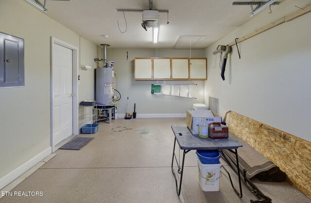 garage with electric panel, a garage door opener, and gas water heater