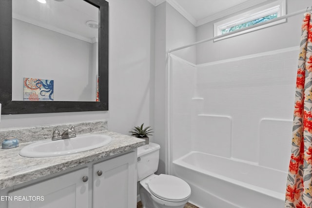 full bathroom with toilet, vanity, shower / bath combination with curtain, and ornamental molding