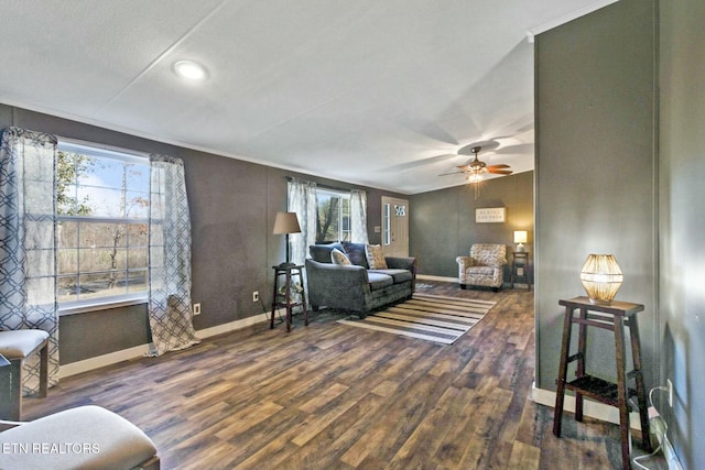 living room featuring ceiling fan and dark hardwood / wood-style flooring