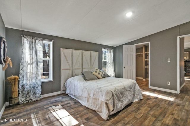 bedroom with dark hardwood / wood-style floors, a closet, a walk in closet, and vaulted ceiling