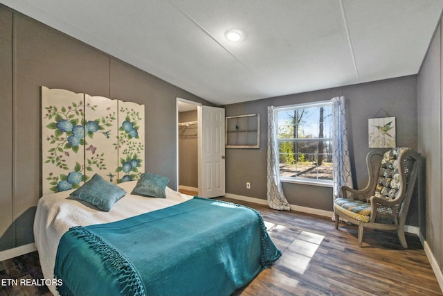 bedroom with wood-type flooring, a spacious closet, a closet, and lofted ceiling