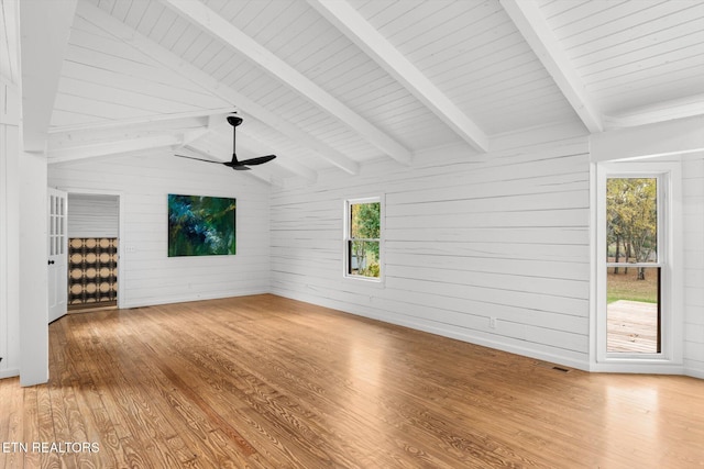 unfurnished living room with wooden walls, lofted ceiling with beams, light hardwood / wood-style flooring, and a healthy amount of sunlight