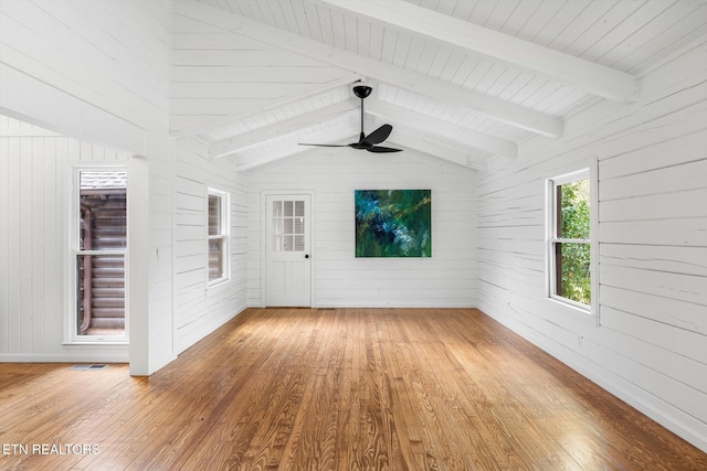 interior space with hardwood / wood-style flooring and wooden walls